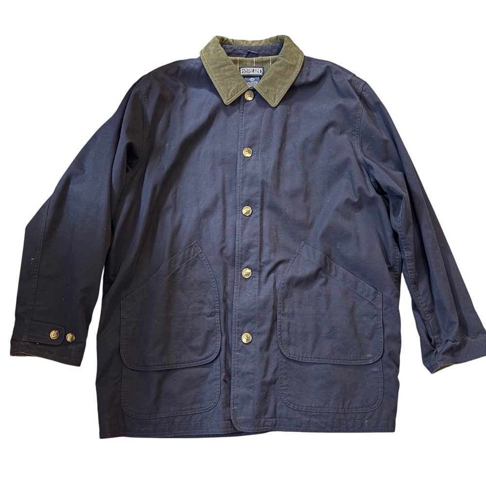 Lands End Mens XXL Tall Navy Blue Corduroy Collar‎ Barn Field Jacket Plaid Lined